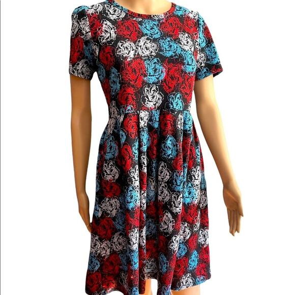 LuLaRoe Blouson DRESS Full Zip Womens M Black Multicolored Floral Pleated Casual - Picture 1 of 4